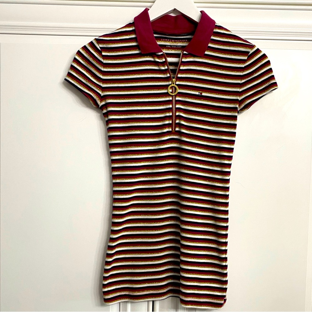 Tommy Hilfiger Women's Size XXS Striped Essential Slim Fit Polo Navy Purple Gold